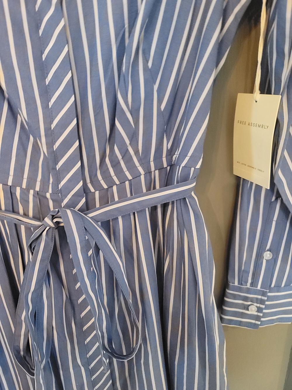 100% Cotton Blue and White Striped Shirt Dress with Tie Belt - Picture 3 of 5